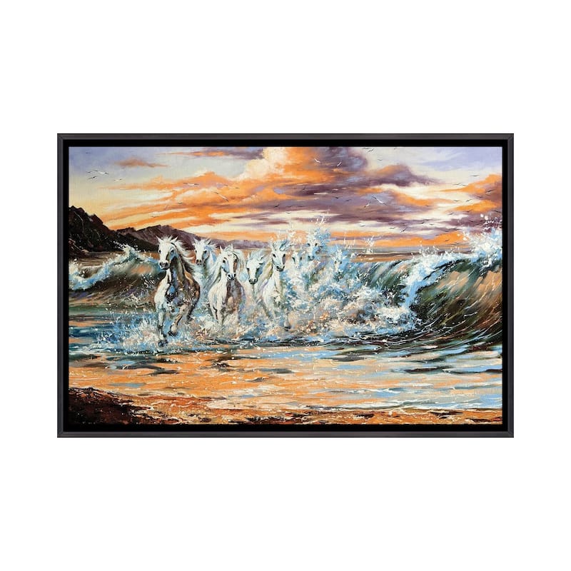 iCanvas "The Horses Running From Waves" by balaikin Framed - Ebony - 26x40