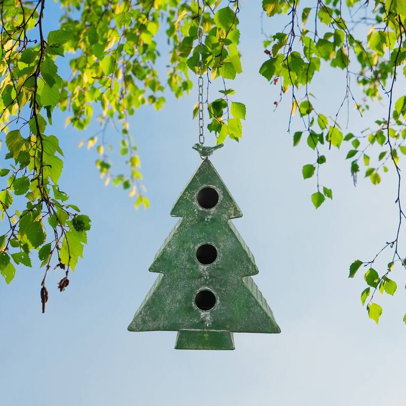 Alpine Corporation YHL300HH 27in Tall Hanging Christmas Tree Birdhouse with LED Lights Decorative Holiday Ornament - green