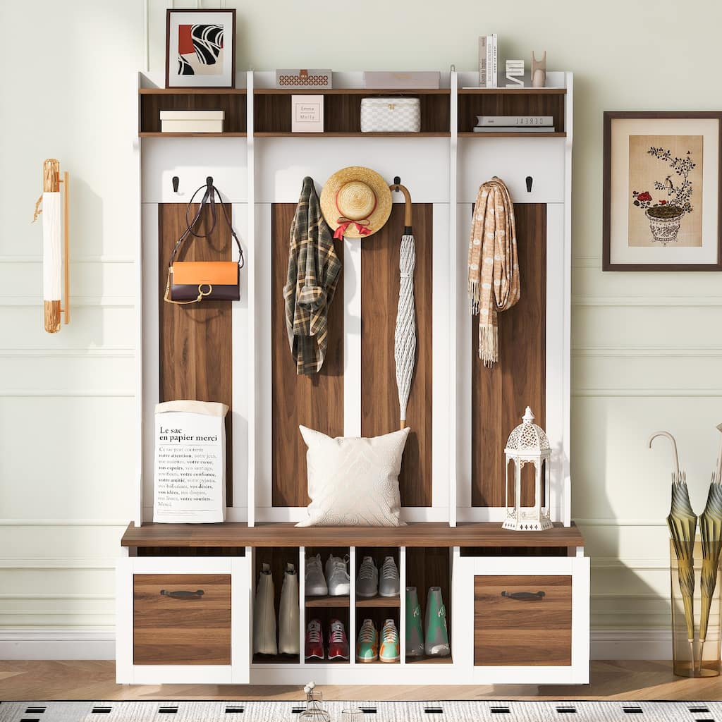 Modern Coat Rack Entryway Bench with 7 Hooks, 2 Drawers, and Adjustable Shelves, for Hallways Living Rooms