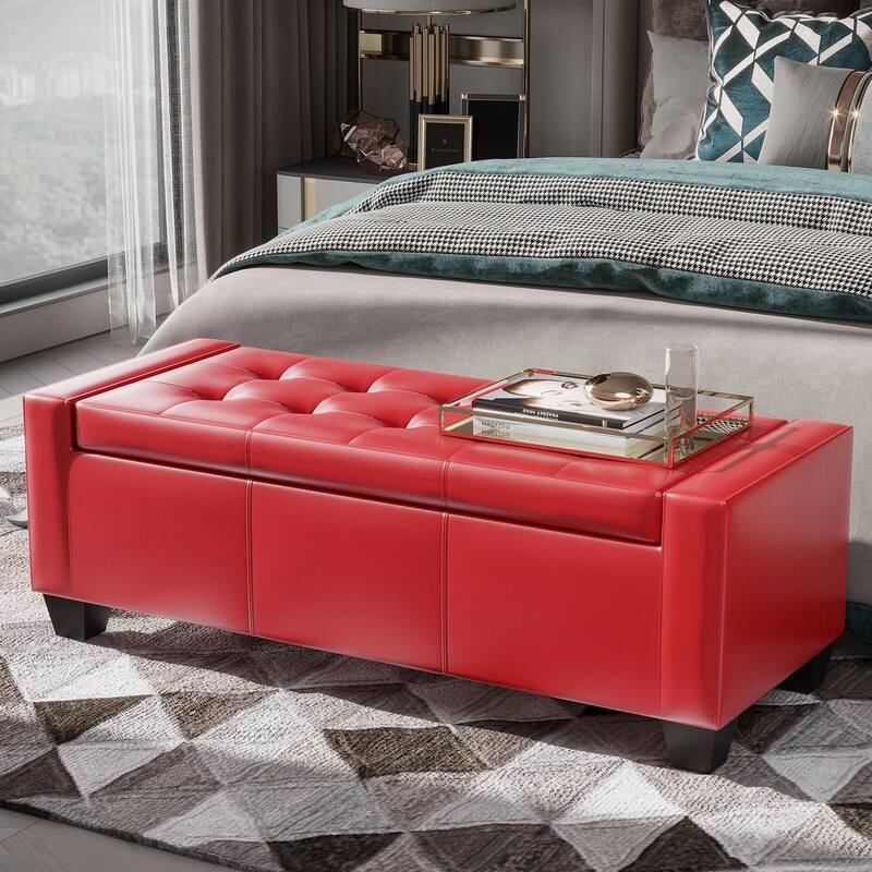 50.5" Faux Leather Rectangular Tufted Storage Ottoman
