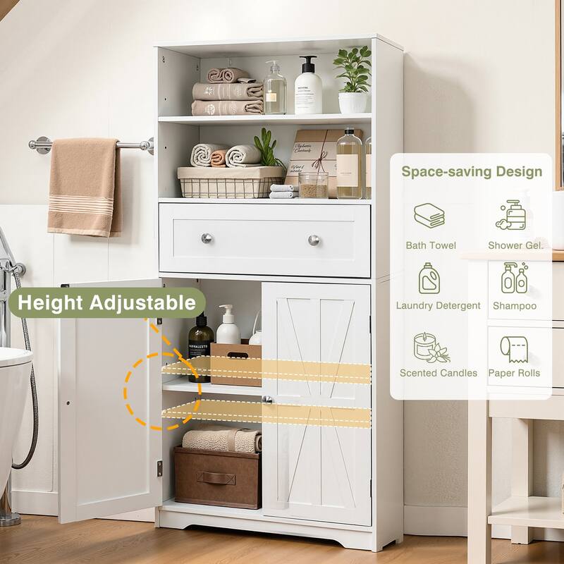 Javlergo White Adjustable Shelf Bathroom Cabinet with Drawer Tall Free Standing Bathroom Cabinet for Organization Living Room