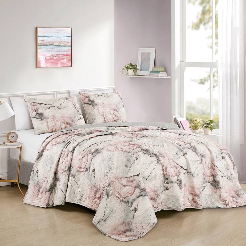 Irta Luxury 3 Piece abstract Bedspread Set - Pink/Grey - Oversized Queen
