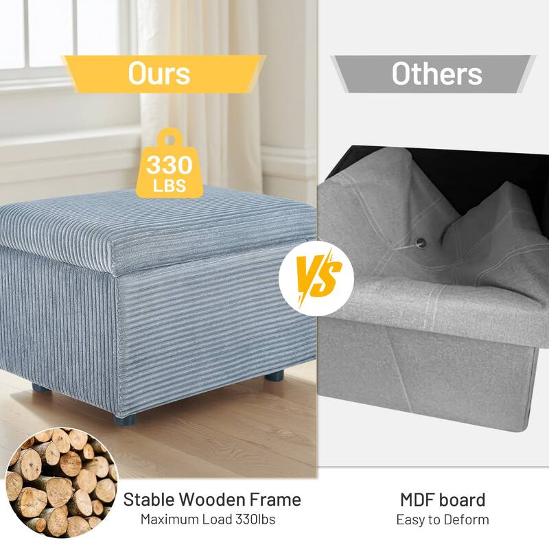 25 in.W Corduroy Upholstered Flip Top Storage Ottoman Footstool w/ Hide Hidden Storage & Solid Wood Legs