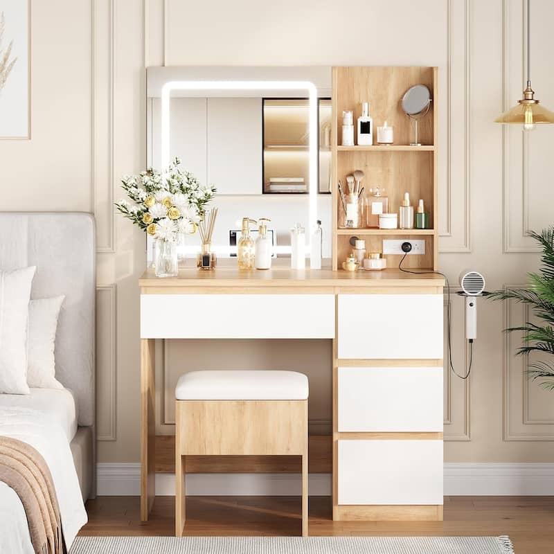 Vanity Desk with Mirror and Lights,Makeup Dressing Table with Outlets and 4 Drawers - Natural