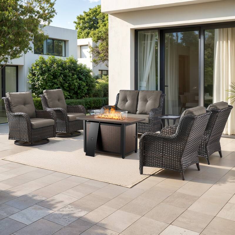 Gymojoy 8-Piece Outdoor Wicker Patio Furniture Set with Swivel Glider Rocker & 55,000 BTU CSA Propane Fire Pit