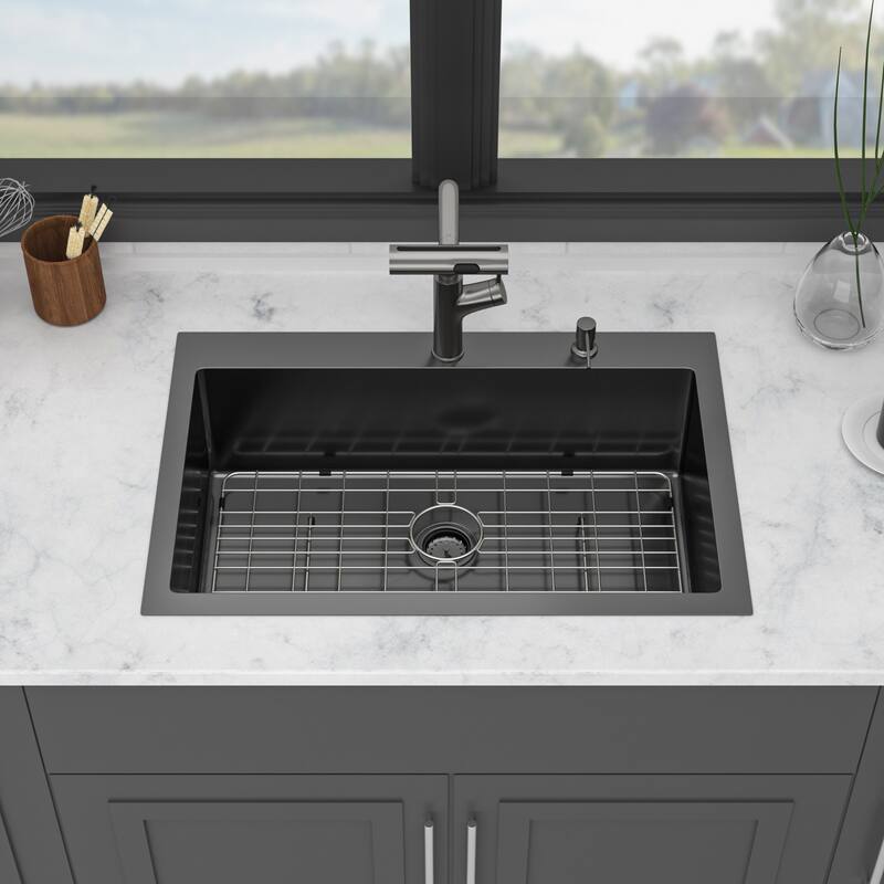 30" Drop-in Kitchen Sink with Pull-out Faucet and Soap Dispenser 30x22x10 inch Single Bowl 16 Gauge Stainless Steel - Gunmetal Black