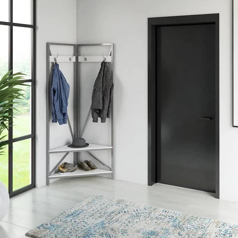Black-White Wood Hall Tree Coat Rack with Shoe Storage Bench and Shelves - 35'' W X 17.38'' D x 72'' H