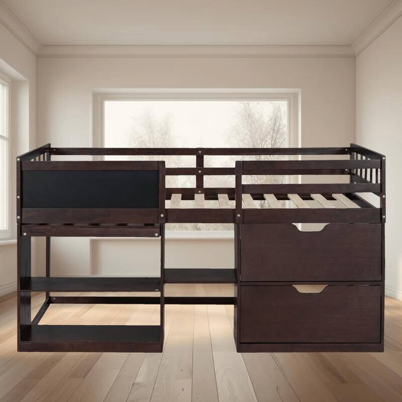 Twin Size Low Loft Platform Bed with Rolling Desk, Bookshelf, and Storage Drawers, Maximize Space and Enhance Your Kids Room - Espresso - Twin