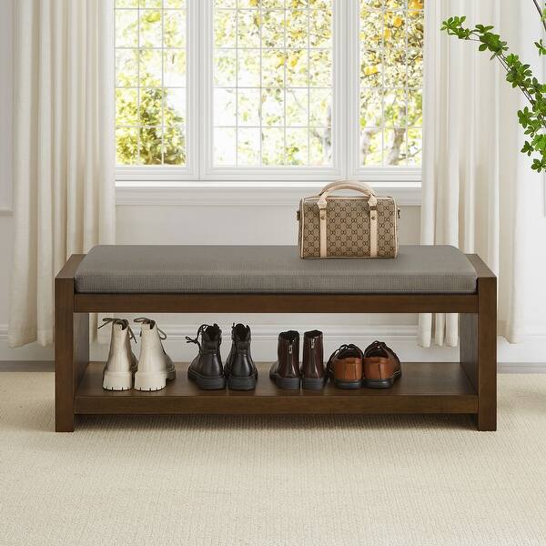 slide 2 of 22, 47" Accent Bench with Lower Shelf Shoe Rack, Padded Seating Bench, Bed End Bench with Storage, Removable Cushion Granite