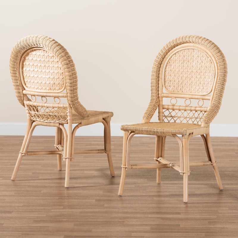 Jelita Modern Bohemian Natural Brown Rattan 2-Piece Dining Chair Set