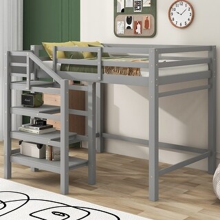 Modern Design Wood Loft Bed with Maximized space, Sturdy Frame, Staircase and Hanger for Clothes, Grey