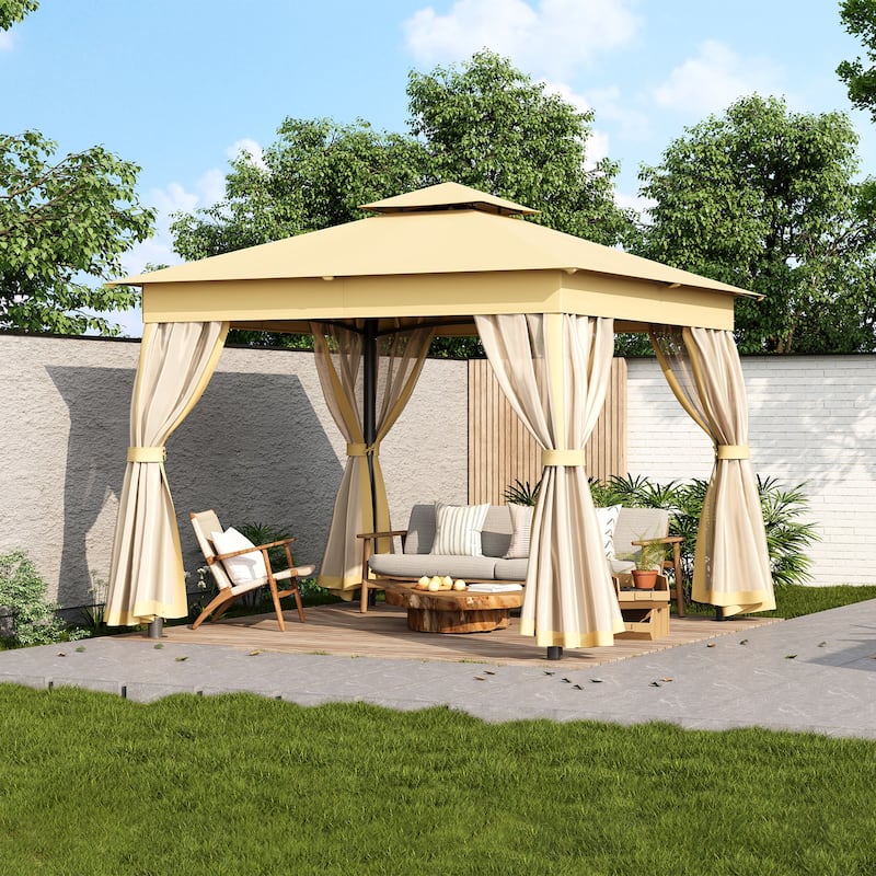 10x10 Outdoor Gazebo Tent with Double Roofs, Patio Gazebo with Mosquito Netting, Canopy for Backyard, Garden, Lawn and Deck - Beige