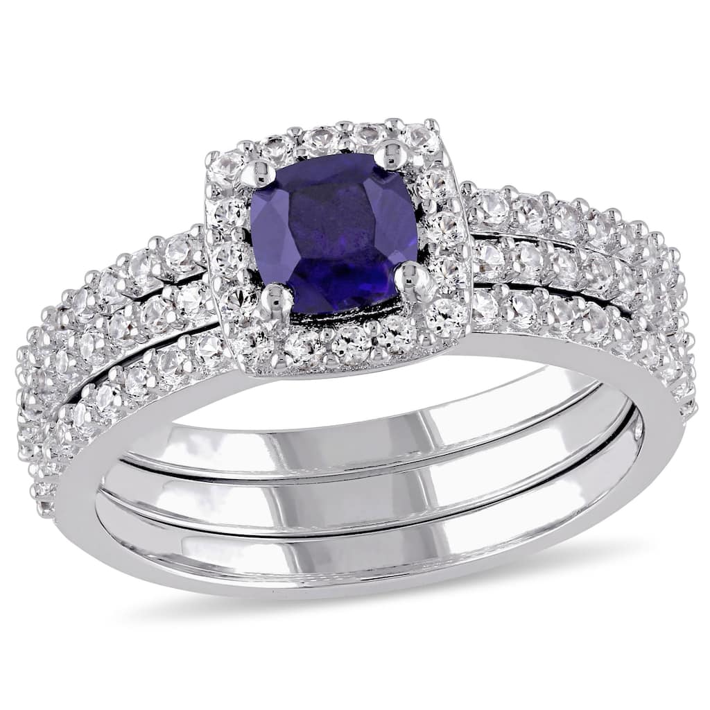 Miadora Sterling Silver Created Blue and White Sapphire Bridal Ring Set