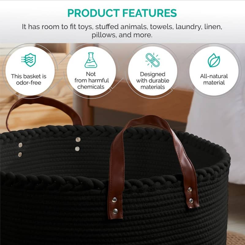 Large Round Cotton Rope Storage Basket Laundry Hamper with Leather Handles, 21 x 21 x 14 - 21" x 21" x 14"