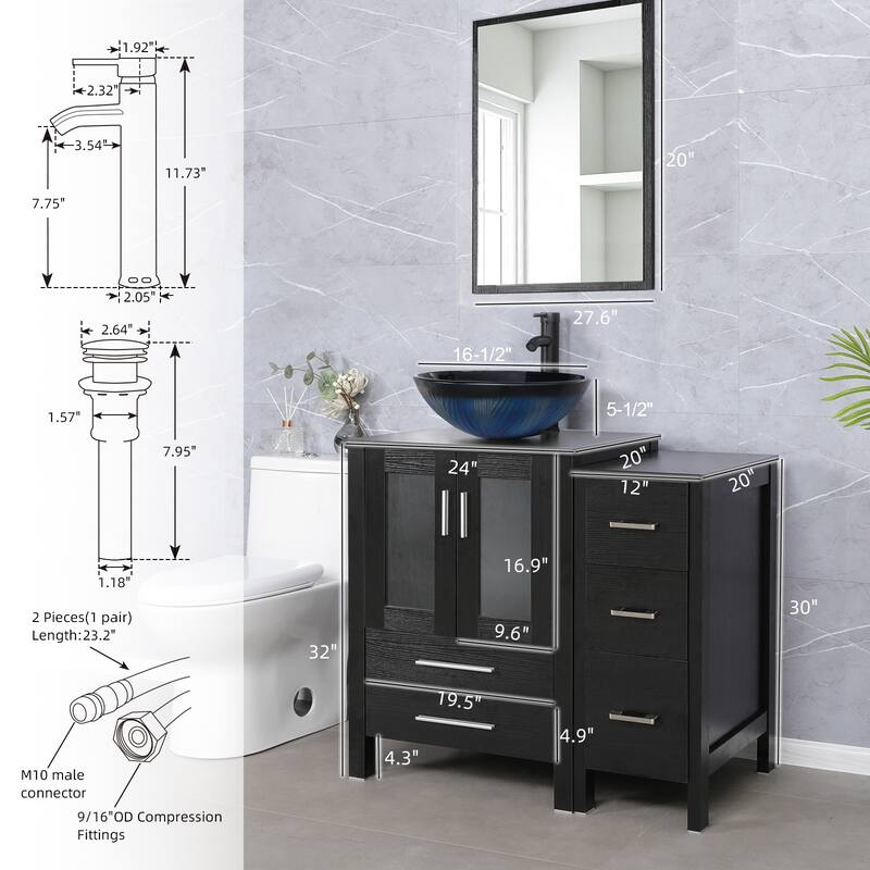 eclife 36" Bathroom Vanity Black Set with Side Cabinet Vessel Sink Faucet Combo