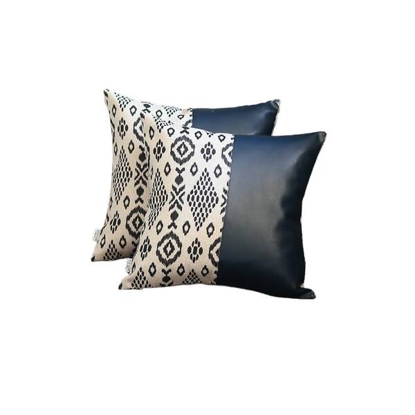 Set of Two Prussian Blue Ikat Faux Leather Zippered Pillow Cover Set of Two Prussian Blue Ikat Faux Leather Zippered Pillow Cover