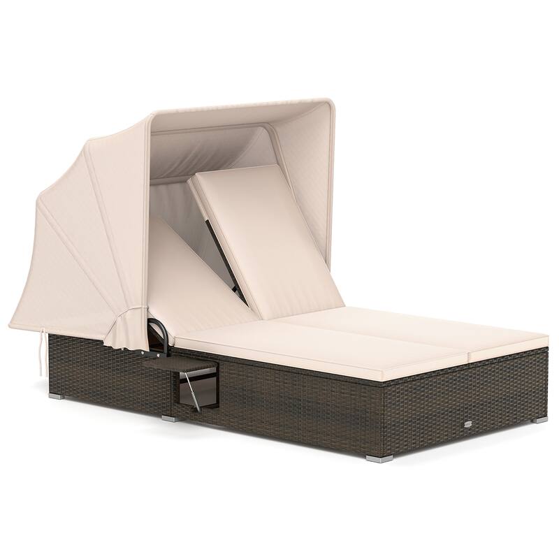 Gymax 2-person Rattan Lounge Bed w/ Retractable Canopy 5-position