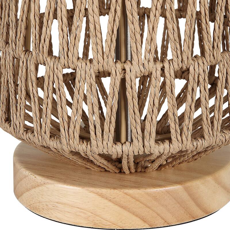24 Inch Table Lamp, Brown Woven Rope, Linen Shade, Wood Base, Off White