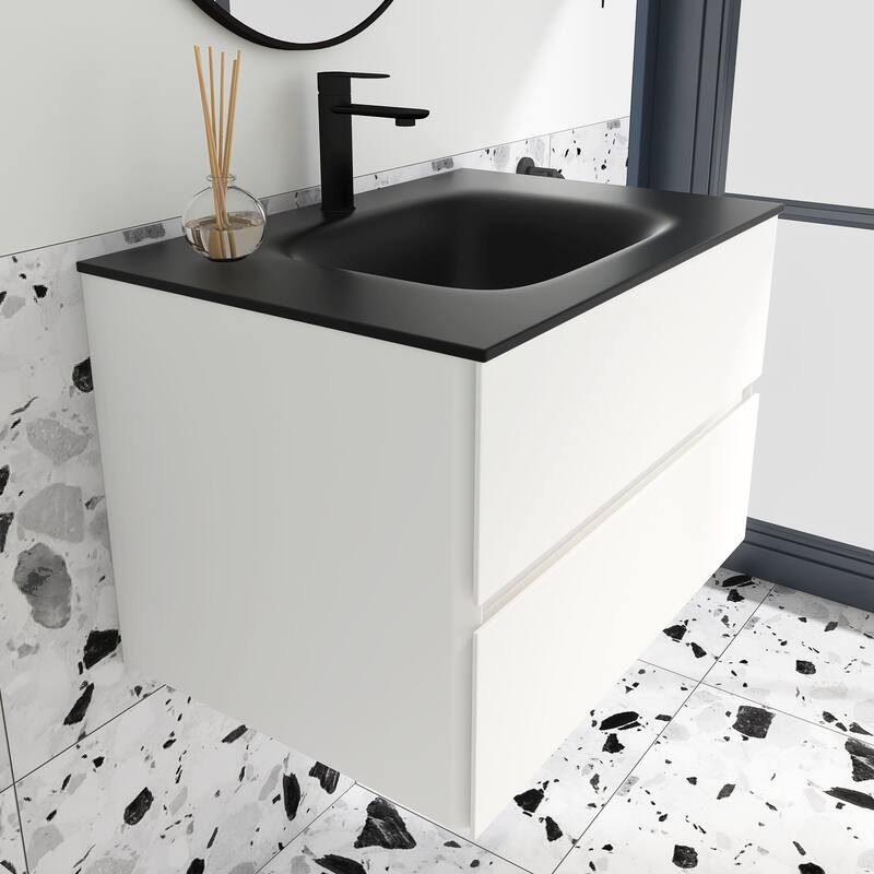 Wall-Mounted Bathroom Vanity Set in White with Black Quartz Top and Integrated Sink