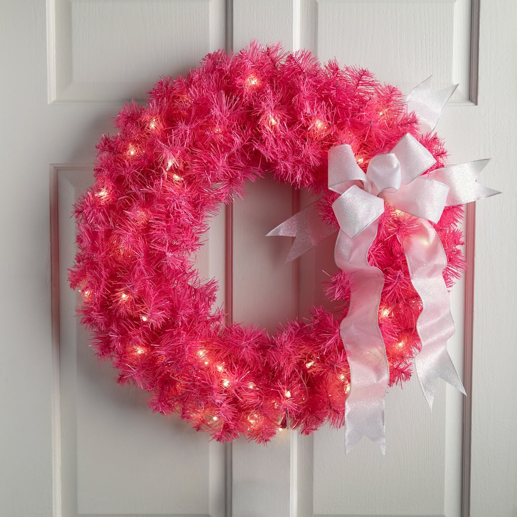 Pre-Lit Tinsel Artificial Christmas Wreath - 24" - Pink - Clear Lights
