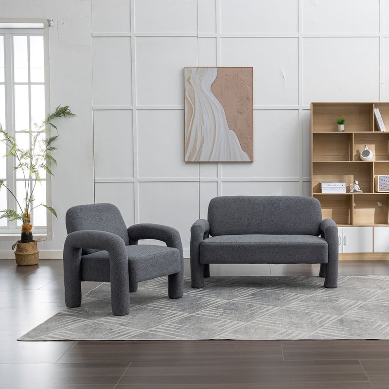 SEYNAR Mid-Century Modern Boucle 51'' Solid Wood Curved Sofa Set of 2 with Accent chair