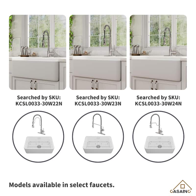 Farmhouse/Apron-Front Single Bowl Fireclay Kitchen Sink with 3-Function Pull-Down Kitchen Faucet, Grid, and Basket Strainer