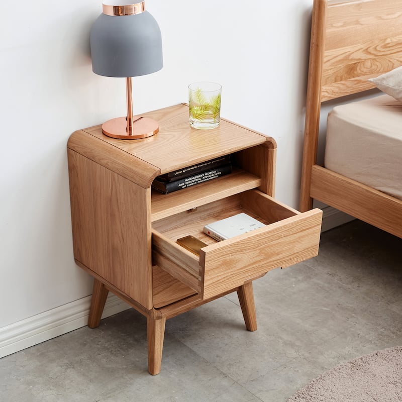 GDFStudio - Brynford Modern Solid Oak Wood Nightstand with Storage Drawers & Rounded Edges