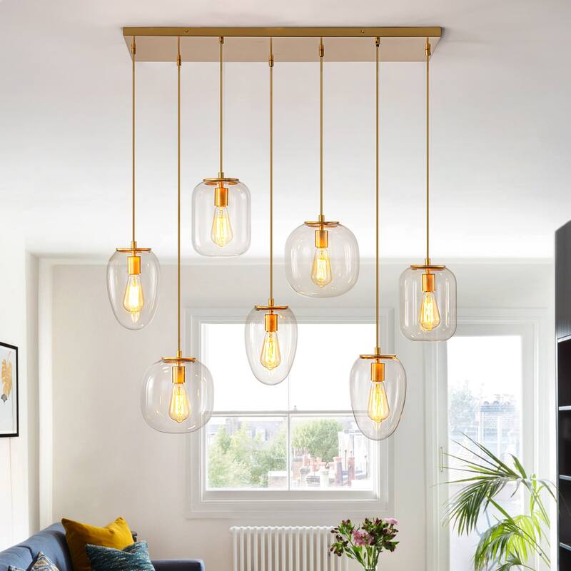 Mid-Century 7-Light Cluster Glass Globe Kitchen Island Pendant Chandelier - W35.43"