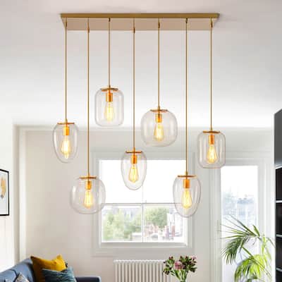 Mid-Century 7-Light Cluster Glass Globe Kitchen Island Pendant Chandelier - W35.43"