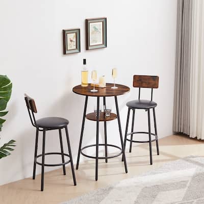 Classic Pub Set, Bar Table with Shelf, PU Leather Upholstered Bar Stools with Backrest and Footrest