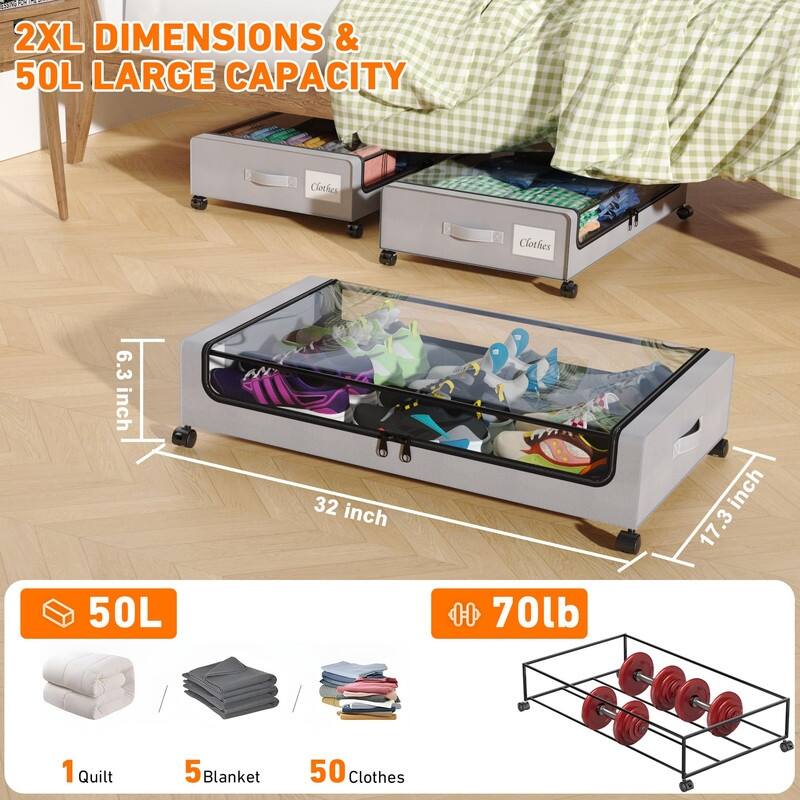 2-Pack XXL 65L Under Bed Storage Bins with Wheels & Lids – Black