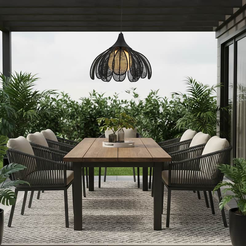 Kamala 1-Light Wicker Outdoor Pendant Light Coastal Boho Style Flower Handwoven