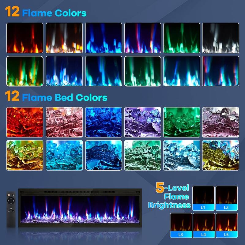120V 1500W Wall Mounted Electric Fireplace, Remote & Touch Control