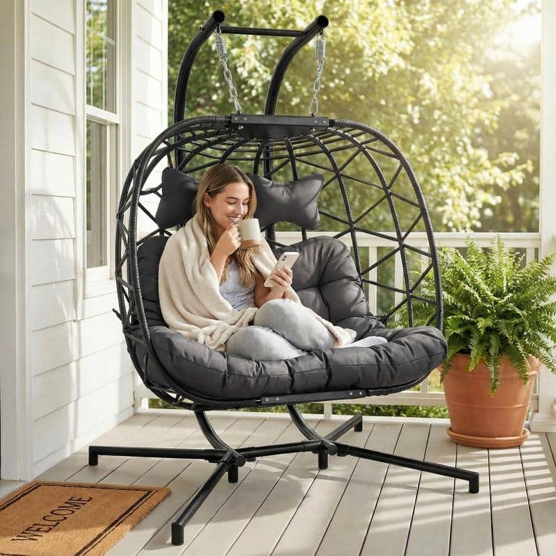 Oversized Outdoor Double Swing Egg Chair, 700 lbs Capacity 2-Person Hanging Egg Chair Swing with Cushion
