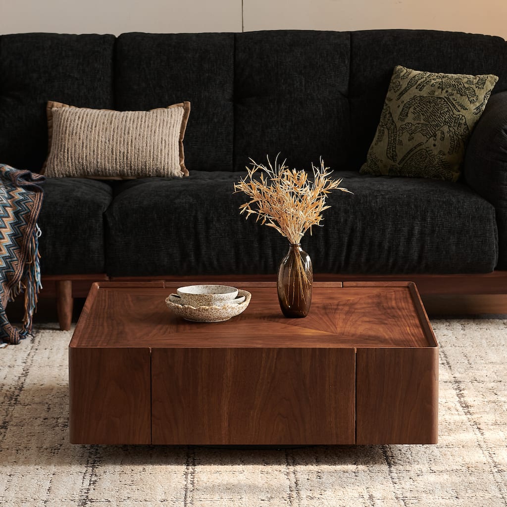 35.4-inch coffee table, square walnut wood design, suitable for living room. Walnut wood material, for bedroom, living room