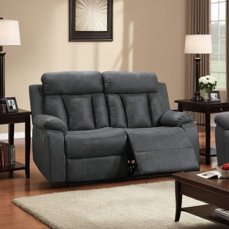 Corie Manual Recliner Loveseat, 60 Inch Solid Wood, Gray Faux Leather