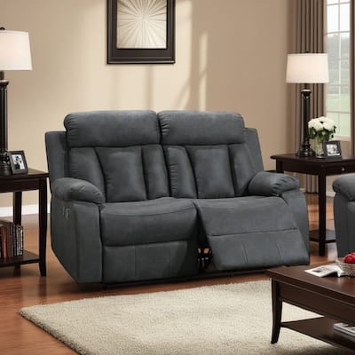 Corie Manual Recliner Loveseat, 60 Inch Solid Wood, Gray Faux Leather