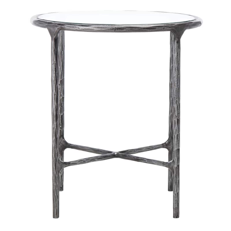 SAFAVIEH Couture Saliha Forged Metal Round End Table - 18" W x 18" L x 20" H - 18"W x 18"D x 20"H - Silver/Glass