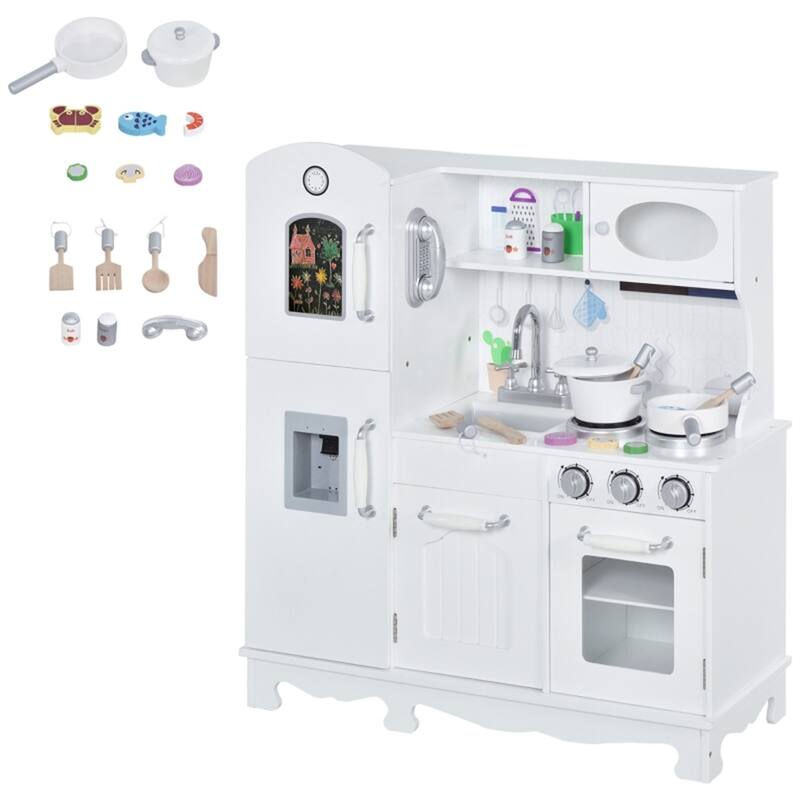 Kids Wooden Kitchen Playset with Sink Stove Phone Accessories and Storage White Pretend Cooking Toy - 41x28 in - White