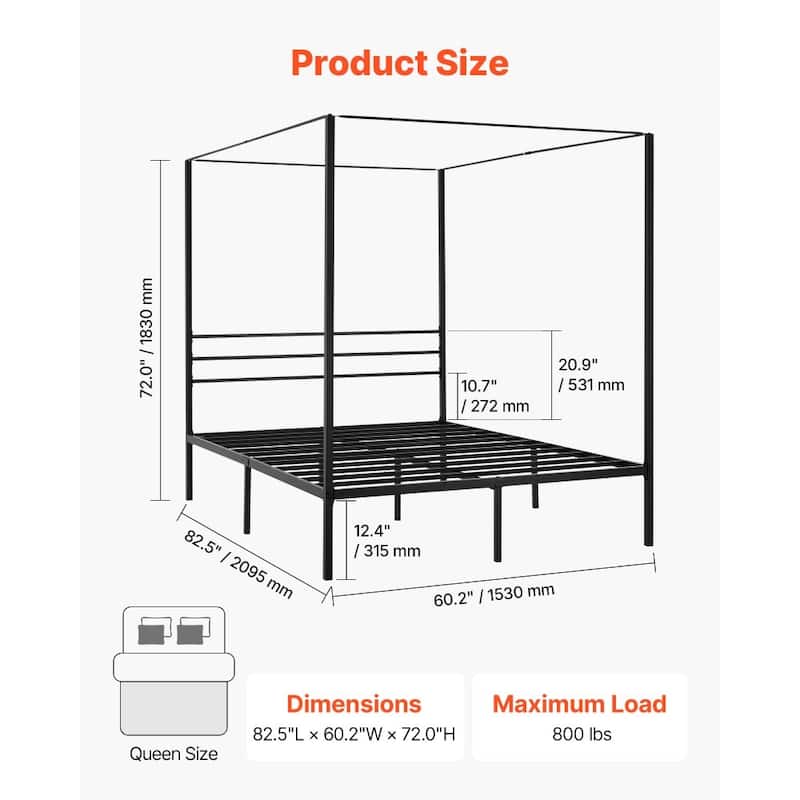 Modern Black Metal Canopy Bed Frame with 12.4 Inch Storage Clearance and Strong Weight Support