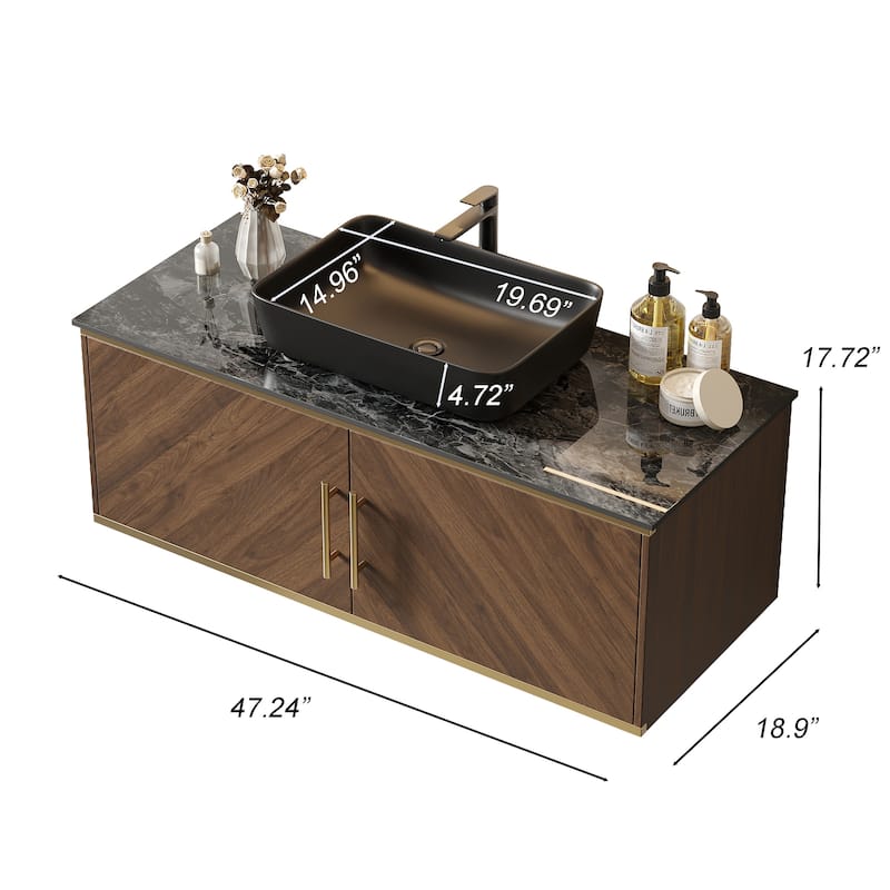 47.24" Modern Bathroom Vanities With Black Glossy Sintered Stone Table Top, Brown Wood Floating Cabinets