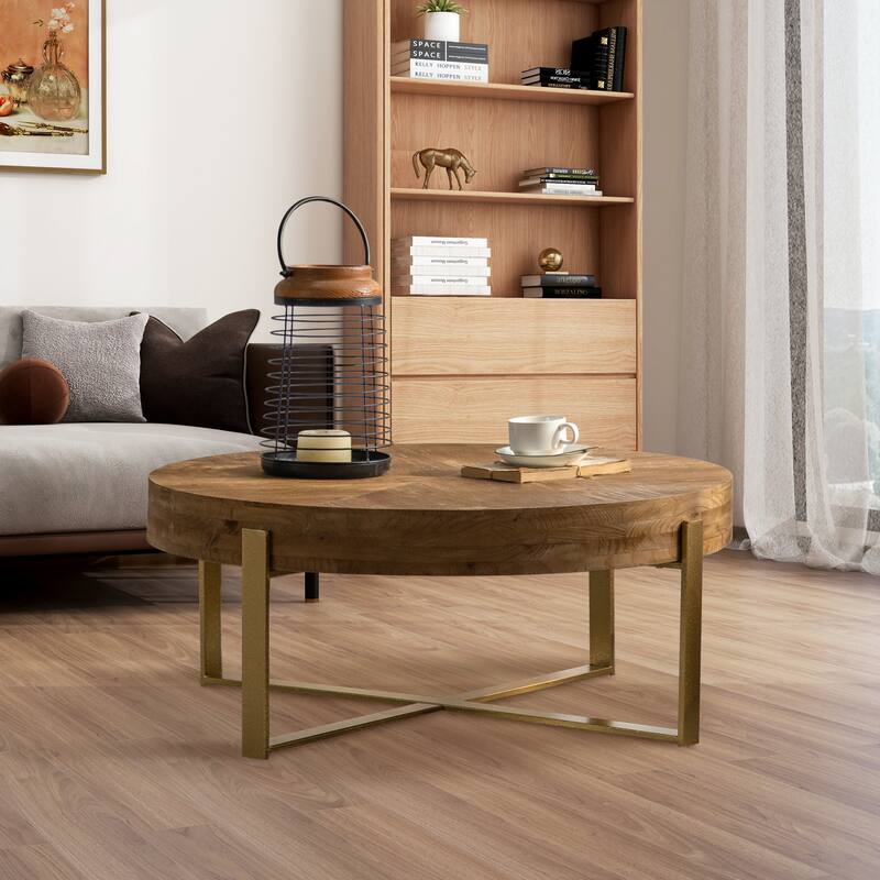 31"W Round Coffee Table With Fir Wood Table Top and Metal Frame End Table - Gold Legs