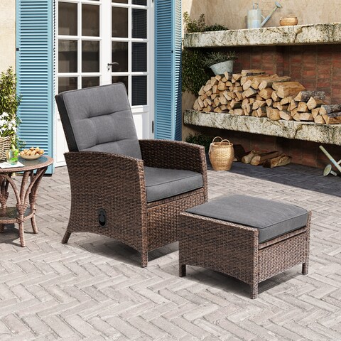 PE Wicker/ Steel Outdoor Reclining Lounge Chair and Ottoman Set