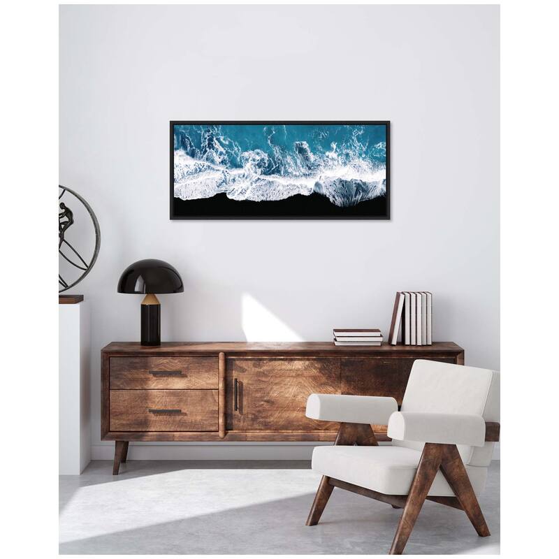 Kate and Laurel Sylvie Minimalist Ocean Waves on the Black Beach in Iceland Framed Canvas by Michael Schauer
