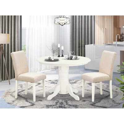 Round Dining Table Set 3pc - 42 Inch Table & 2 Parsons Chairs - Linen White Legs - Light Beige Fabric