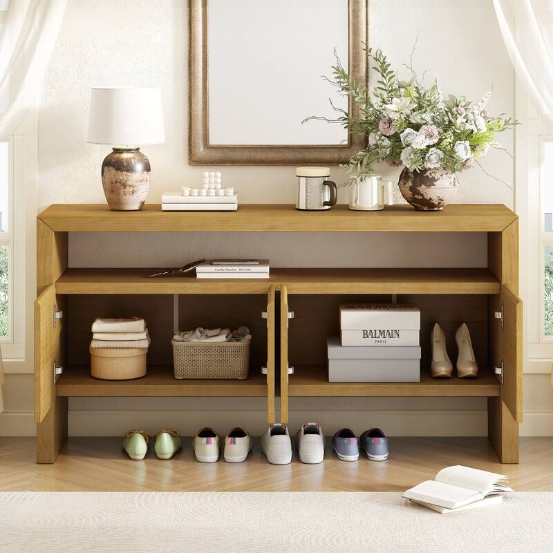 Modern Minimalist Solid Wood Veneer Sideboard with Open Shelf