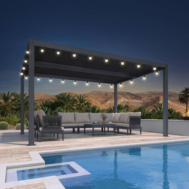 PURPLE LEAF Louvered Pergola with Solar Lights Hardtop Gazebo for Patio - 10' x 14' - Grey