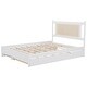 preview thumbnail 9 of 11, Trundle Platform Bed Queen Size Bed Frame and Twin Size Trundle, with Unique Rattan Headboard 2 Storage Drawer, Elegant White