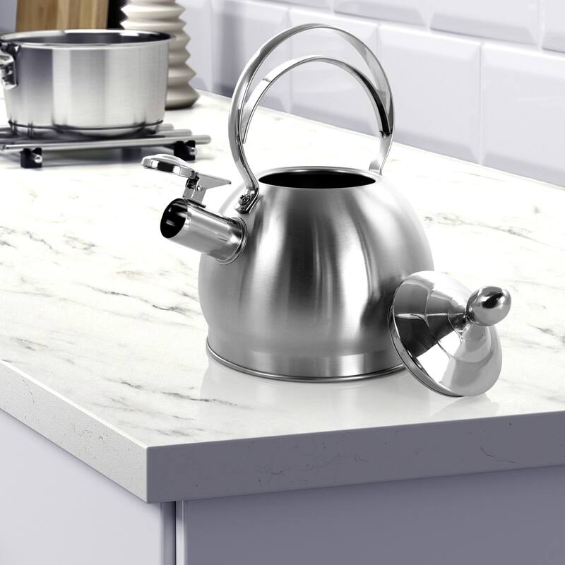 3 Quart Round Brushed Silver Stovetop Whistling Kettle Ergonomic Handle in Silver