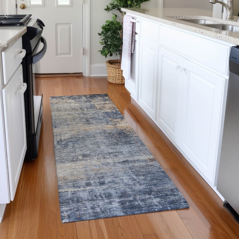 Machine Washable Indoor/ Outdoor Abstract Contemporary Chantille Rug - Denim - 2'3" x 7'6"